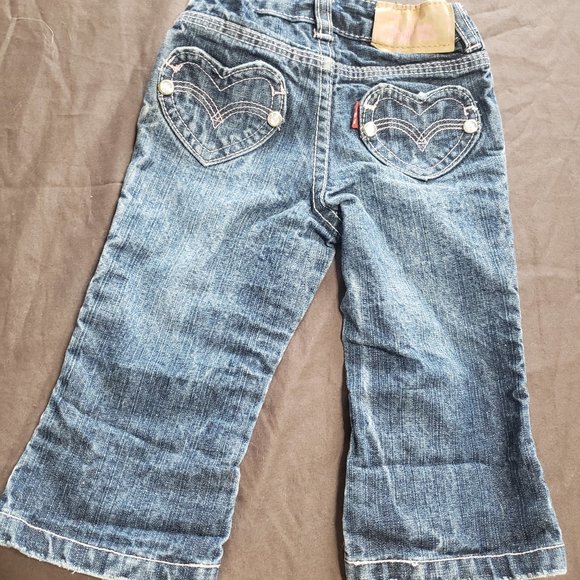 Levis Jeans Denim Straight Leg Heart Pockets Bejeweled Pink Stitching 12 Month - Picture 2 of 4